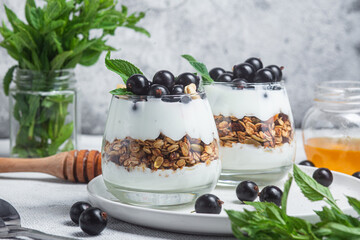 Granola with yogurt and blackcurrant in a glass