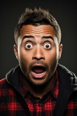 Close-up portrait of shocked man. Amazed male is raising eyebrows against gray background. He is wearing plaid shirt