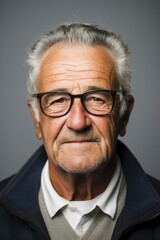 headshot of an Old man looking at the camera on gray background