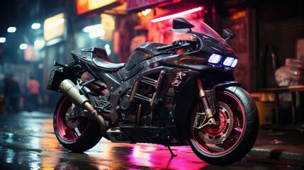 Neon Nights - An Intriguing Image Of A Motorbike Parked Near A Neon Sign In Tokyo. Generative AI