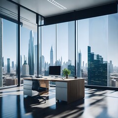 A modern corporate office with a sleek glass window overlooking a bustling city skyline. Generated AI