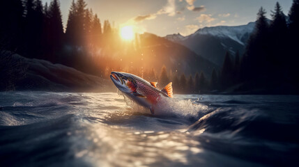 Wild salmon fish jumping from the water and swimming against the current in a high mountain river