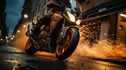 Urban Wheelie - A Dynamic Action Shot Of A Motorcycle Performing A Wheelie On An Urban Street. Generative AI