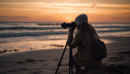 The photographer, holding his SLR camera, captured nature beauty at dusk generated by AI - obrazy, fototapety, plakaty