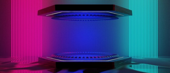 3d illustration rendering of technology futuristic cyberpunk display, gaming scifi stage pedestal background, gamer banner sign of neon glow stand podium for product © issaronow