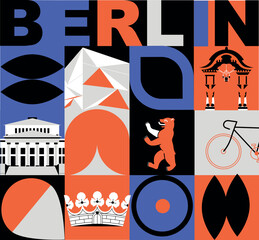Berlin culture travel set, video split screen, famous architecture in flat design. Business travel, tourism concept clipart. Image for presentation, banner, website, advert, flyer, roadmap, icon