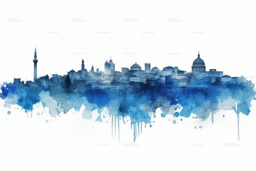 ankara city skyline, A Captivating Watercolor-style Blue Silhouette of Ankara's Skyline, against a White Background, Exuding the Unique Blend of History and Modernity in the Heart of Turkey's Capital.