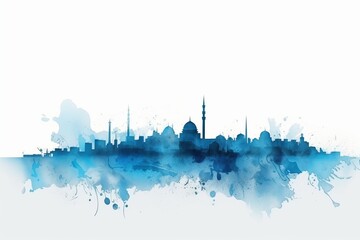 ankara city skyline, A Captivating Watercolor-style Blue Silhouette of Ankara's Skyline, against a White Background, Exuding the Unique Blend of History and Modernity in the Heart of Turkey's Capital.