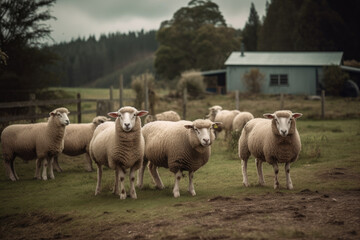 Fototapeta premium A flock of sheep grazing in a field in the countryside, AI Generated