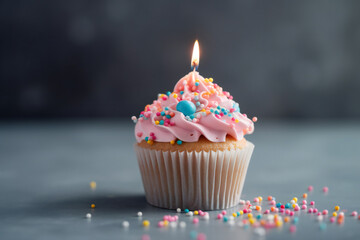 Delicious birthday cupcake on table on light background Generative AI