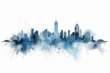 hong kong abstract city skyline, A Captivating Watercolor-style Blue Silhouette of Hong Kong's Iconic Skyline, Set against a White Background, Infusing Bavarian Artistry with the Vibrant Energy