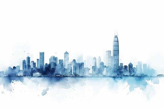 hong kong abstract city skyline, A Captivating Watercolor-style Blue Silhouette of Hong Kong's Iconic Skyline, Set against a White Background, Infusing Bavarian Artistry with the Vibrant Energy
