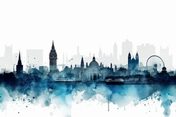 london city skyline, A Captivating Watercolor-style Blue Silhouette of London's Iconic Skyline, Set against a White Background, Uniting Bavarian Artistry with London's Vibrant Charm - obrazy, fototapety, plakaty