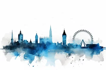 Fotobehang Aquarelschilderij wolkenkrabber london city skyline, A Captivating Watercolor-style Blue Silhouette of London's Iconic Skyline, Set against a White Background, Uniting Bavarian Artistry with London's Vibrant Charm