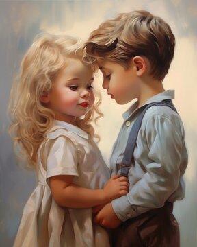 A couple of children are very cute and modestly love each other.