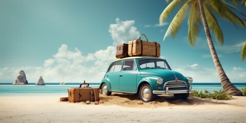 Fototapeta na wymiar Vintage blue car with vacation suitcases parked on sandy tropical paradise beach, Generative AI