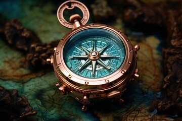 Antique compass close up on top of map, Generative AI
