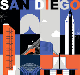 Typography word "San Diego" branding technology concept. Collection of flat vector web icons, culture travel set, famous architectures, specialties detailed silhouette. American famous landmark.