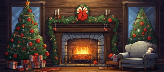 Illustration of old living room with Christmas decor, with fireplace, Christmas tree and gifts, Generative AI