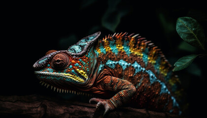 Green gecko on branch in tropical rainforest generated by AI