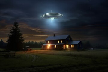 Flying saucer flying over house in country ranch, Flying saucer hovering over countryside at night, Generative AI
