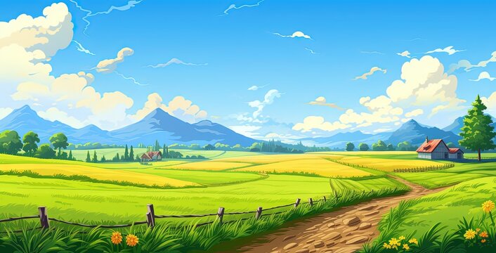 Farm land illustration in cartoon style, illustration of dirt road and grass in the countryside, Generative AI
