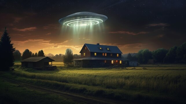Flying saucer flying over house in country ranch, Flying saucer hovering over countryside at night, Generative AI