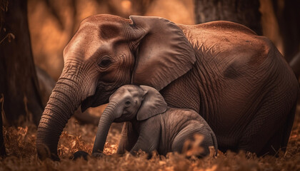 Young elephant calf grazes in tranquil savannah generated by AI