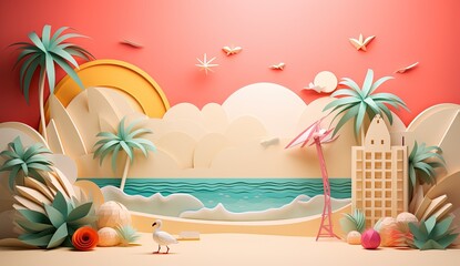 Fototapeta na wymiar Beach background in paper cutout style with pastel colors, Minimalist seaside scene, Generative AI