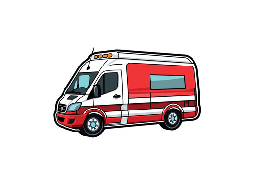 Vector illustration of a sticker with an image of an ambulance car on a white background