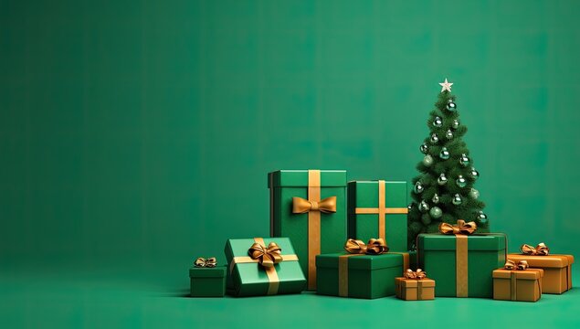 Christmas tree and gifts on green background, Christmas card with copy space, Generative AI