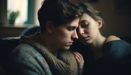 Naklejka premium Caucasian couple embracing, finding love in sadness generated by AI
