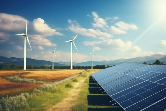 Solar power plant and wind power plant, photovoltaic solar panels and wind turbines in countryside, Generative AI