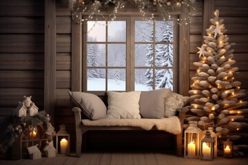 Obraz premium Living room in a wooden house with Christmas decor in white tones, with a sofa, trees and lamps, Generative AI