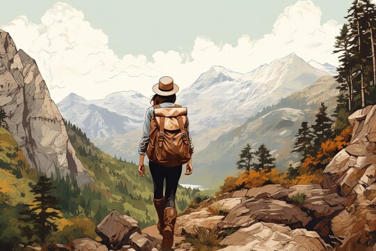 Illustration of girl with backpack hiking in the mountains, Generative AI