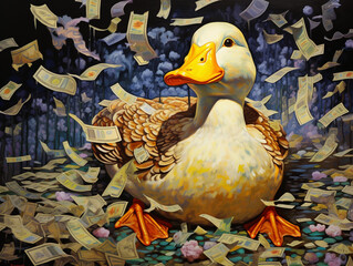 duck in a pile of money 