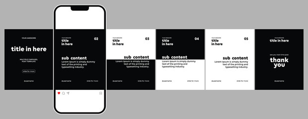 Microblog or carousel post template design for social media. Six page in portrait frame, modern simple minimalist style with black and white color theme.