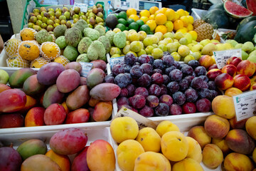 Assortment of fresh fruits and vegetables in market