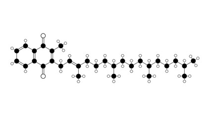 phytomenadione molecule, structural chemical formula, ball-and-stick model, isolated image vitamin k1