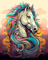 Illustration of a colorful horse, artistic ornemental design in pop colors - Inspiring animals theme