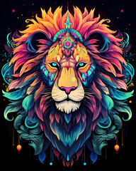 Plakat Illustration of a colorful lion, artistic ornemental design in pop colors - Inspiring animals theme