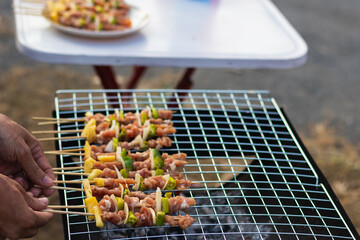 Meat and skewers ingredients for barbecue party are placed on grill to cook barbecue and make it ready for family to join barbecue party tonight.  party background image has Copy Space for text.