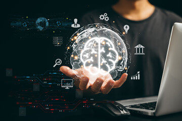 Global business vision and online communication. Hand holding virtual Global Internet connection icon. Technology, digital marketing, financial solutions. Strategic partnership corporate leadership.