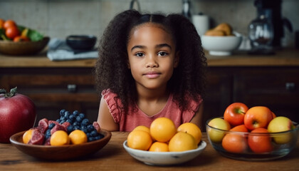 Smiling girls in domestic kitchen eating fruit generated by AI