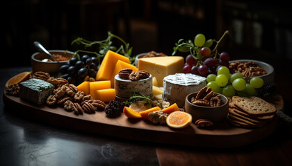 Rustic French cheese plate with fresh fruit generated by AI