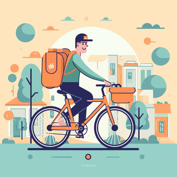 Delivery man with rickshaw doing delivery, delivery man with bag illustration, delivery illustration, deliveryman flat illustration, courier man, Fast transport express home delivery. Online order