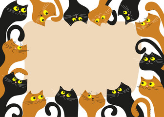  Banner frame with funny multicolored cartoon cats.    Postcard design, flyer. Space for text. Vector illustration, isolated background.