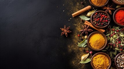 Black stone cooking background with Spices and cooking ingredients. Top view, Spices and herbs on a wooden board. Pepper, salt, paprika, basil, turmeric. On a black wooden chalkboard