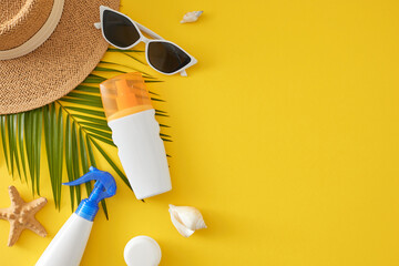 Maximize pleasure under the sun with safety. Top-down view of sunblock cosmetic mockups, palm leaf,...