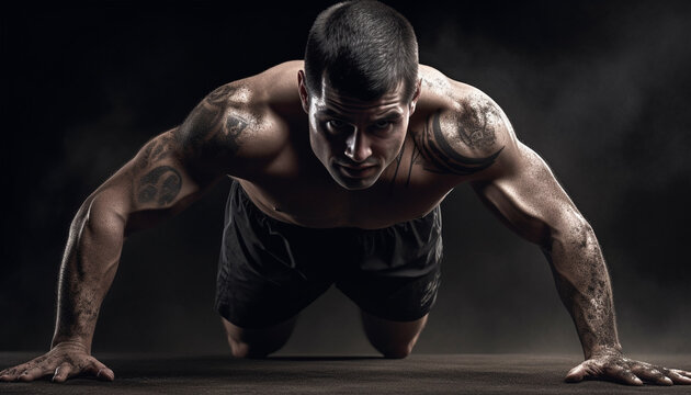 Muscular athlete exercising indoors, building body strength generated by AI